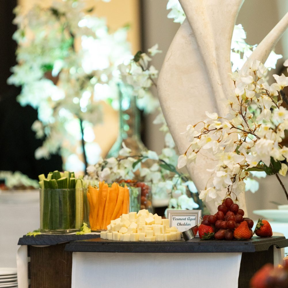 Crudité display with cheese and vegetables