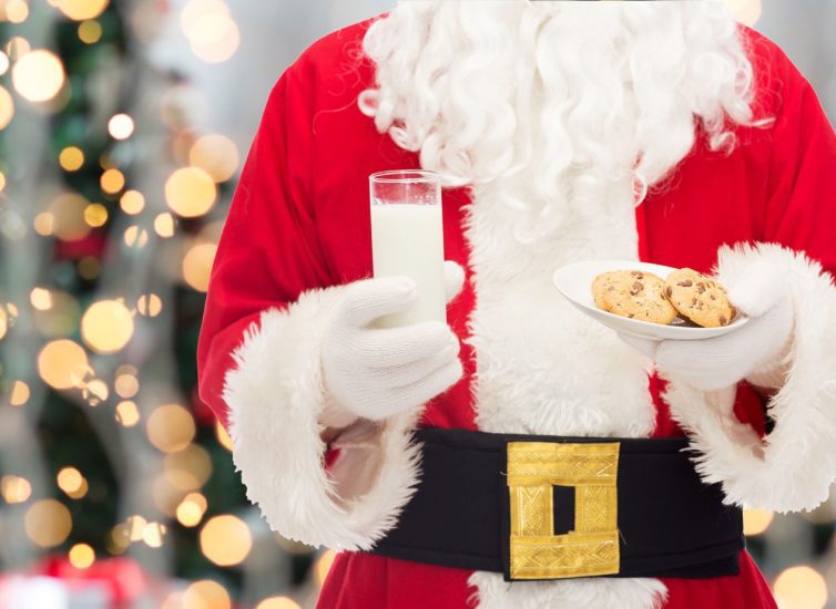 Santa holding milk and cookies